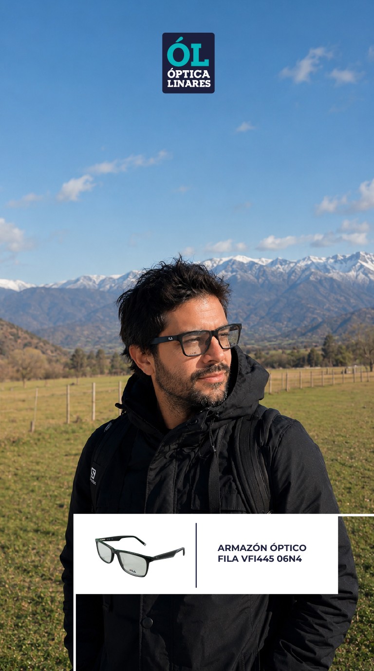 Hombre con armazón óptico frente a la cordillera